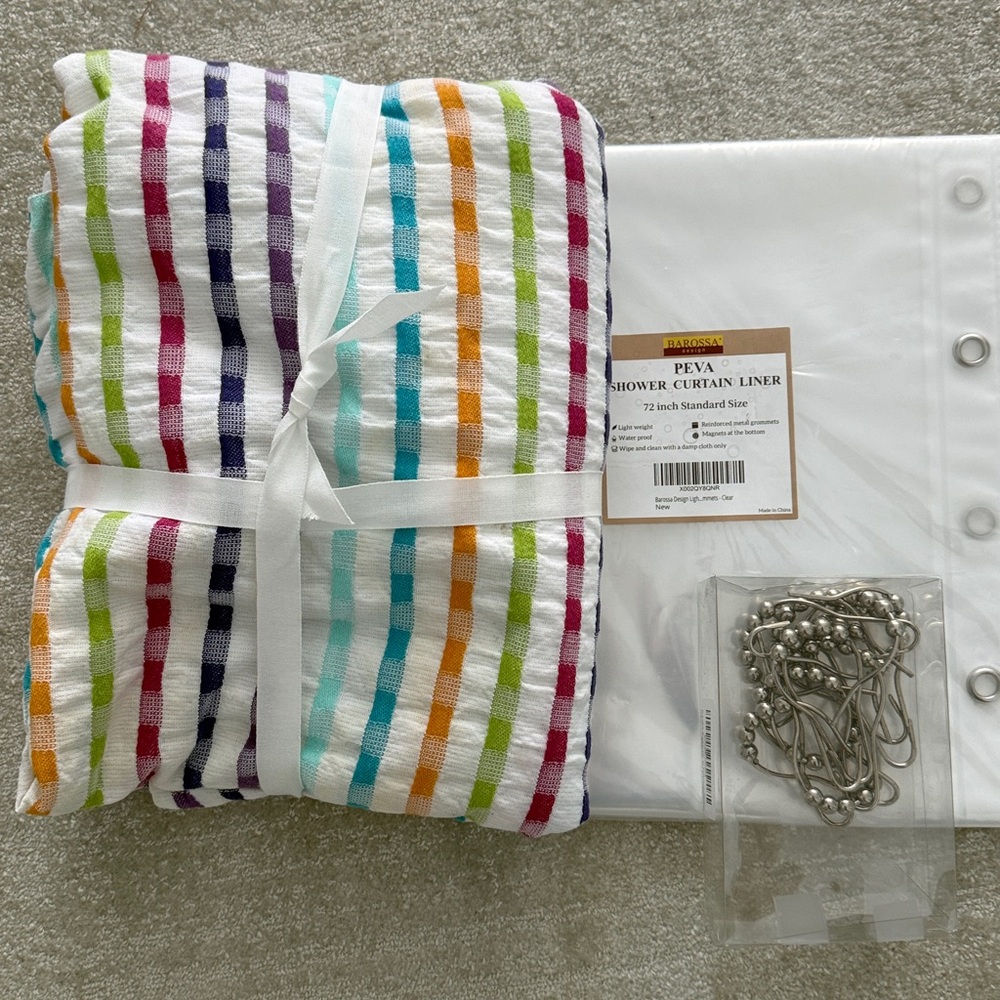 The Company Store Spectrum Shower Curtain, liner, hooks + 2 matching washcloths